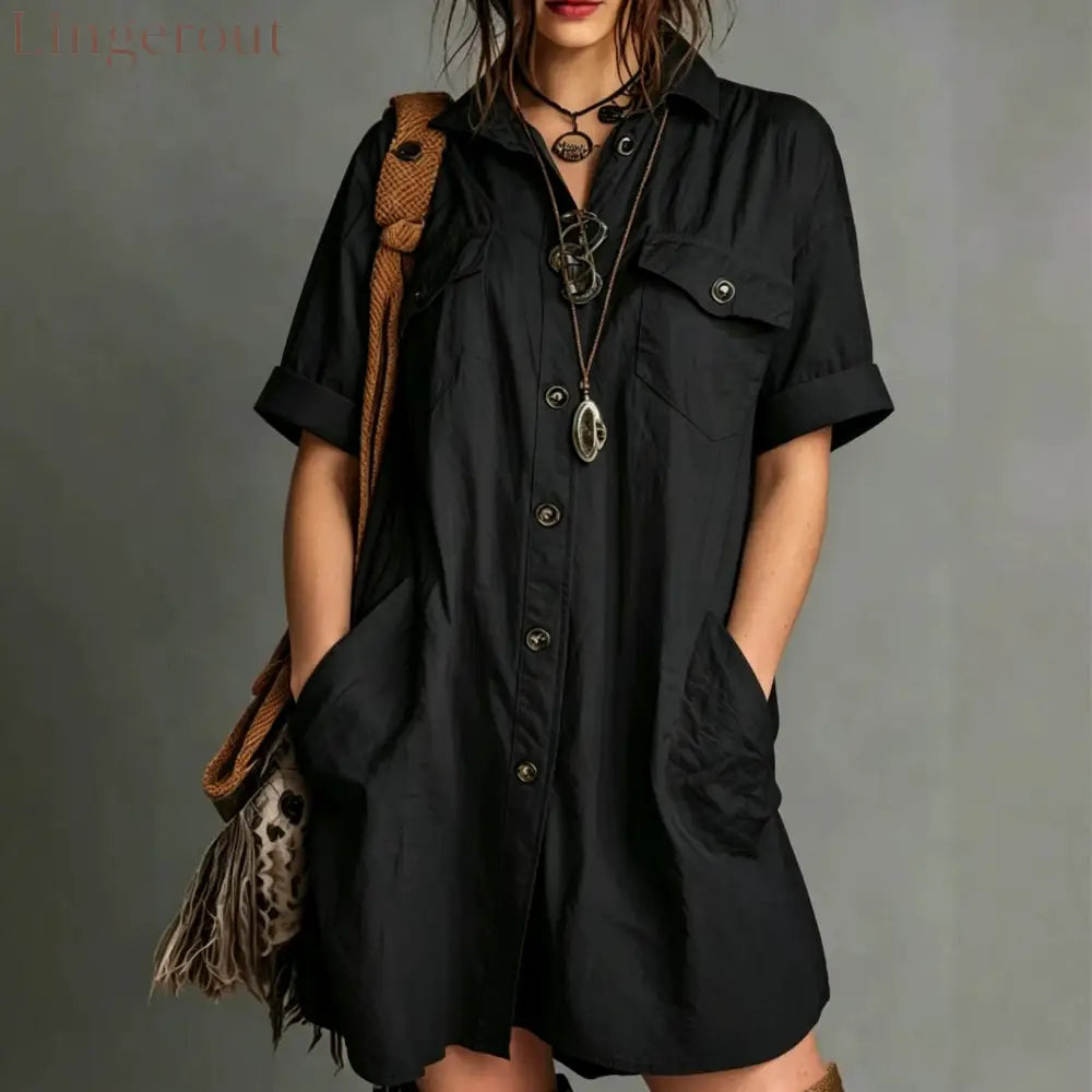 Oversized Short Sleeve Button Down Shirt Mini Dress with Pockets