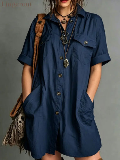 Oversized Short Sleeve Button Down Shirt Mini Dress with Pockets - Dark blue / S