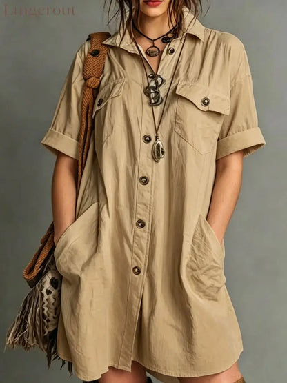 Oversized Short Sleeve Button Down Shirt Mini Dress with Pockets - Khaki / S