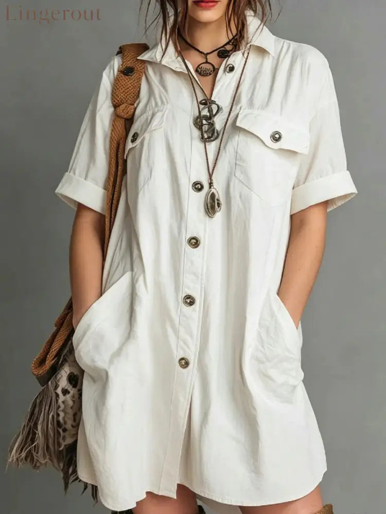 Oversized Short Sleeve Button Down Shirt Mini Dress with Pockets - White / S