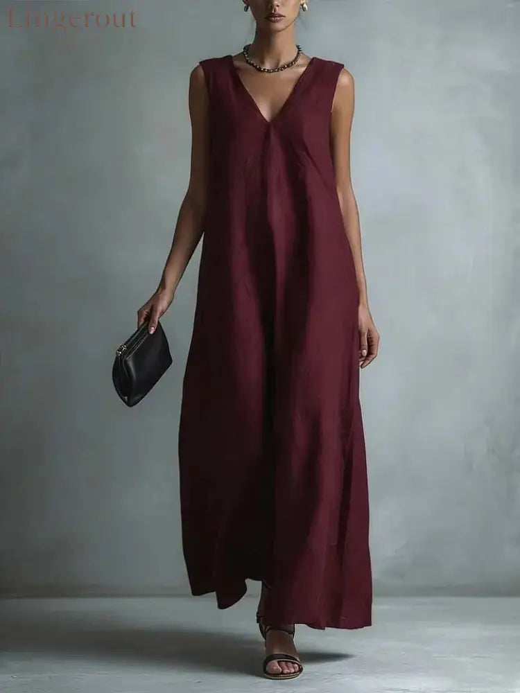 Oversized Sleeveless Linen Maxi Dress - Claret / S