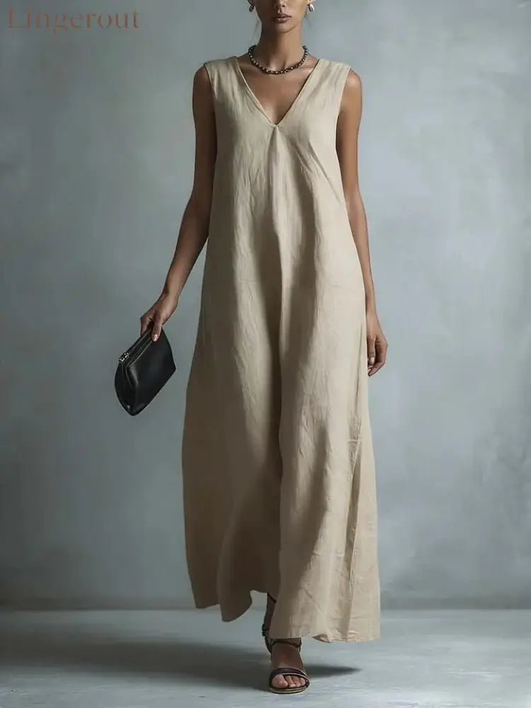 Oversized Sleeveless Linen Maxi Dress - Khaki / S