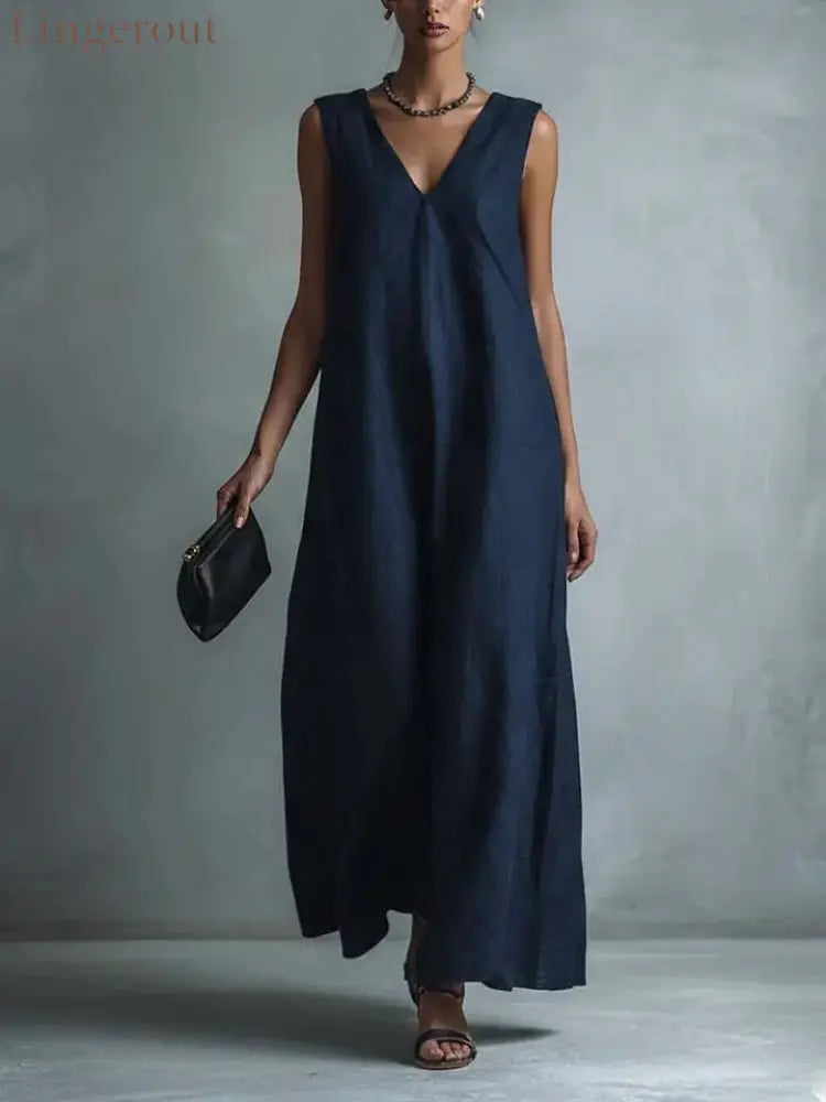 Oversized Sleeveless Linen Maxi Dress - Navy blue / S