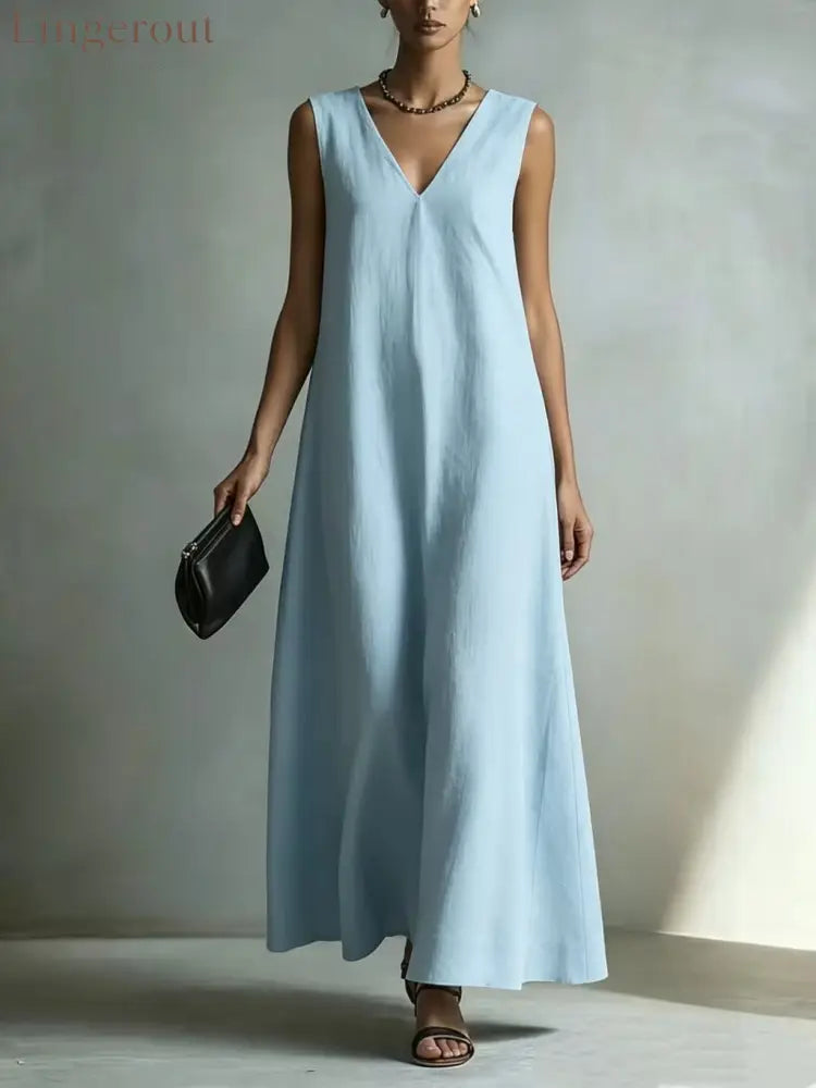 Oversized Sleeveless Linen Maxi Dress - Sky blue / S