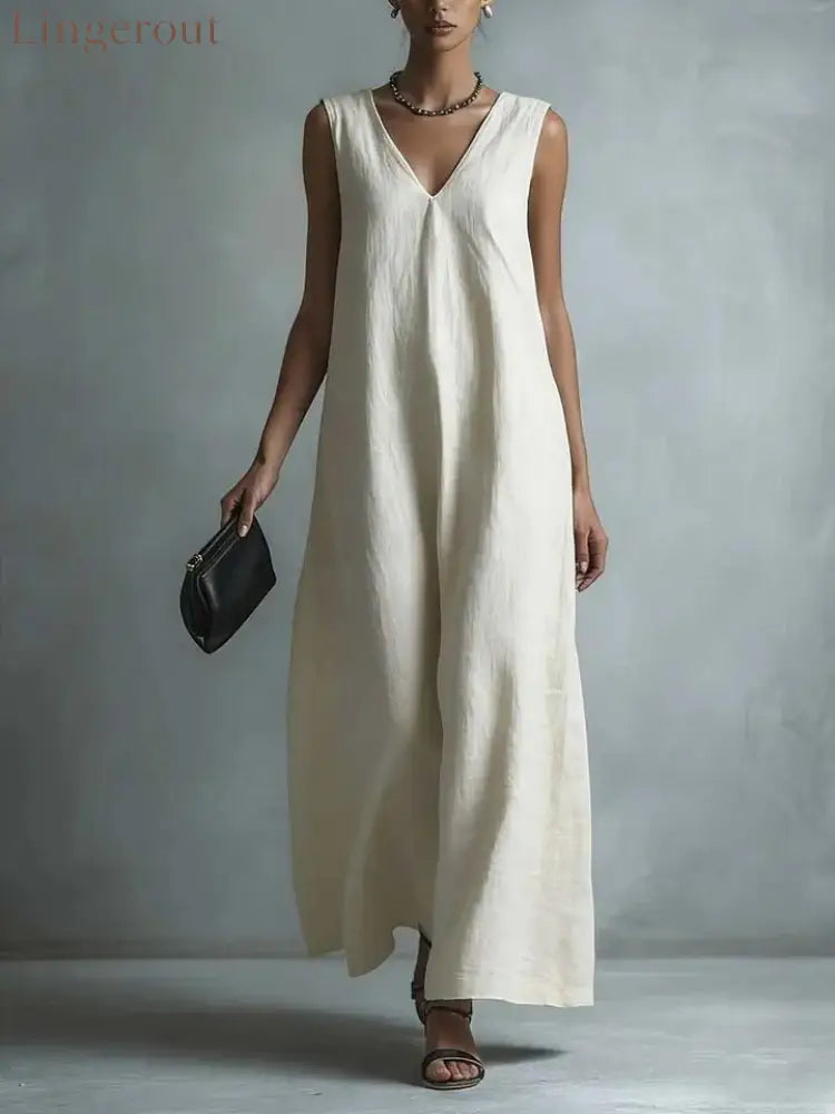 Oversized Sleeveless Linen Maxi Dress - White / S