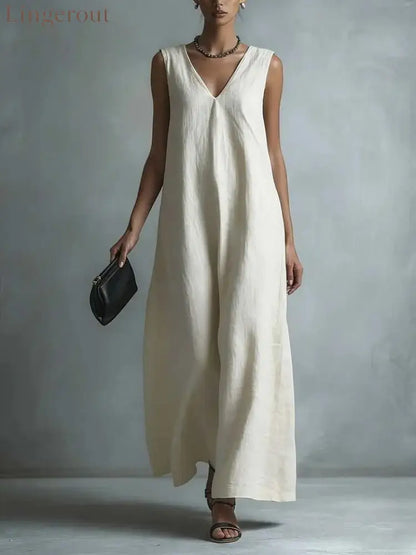 Oversized Sleeveless Linen Maxi Dress - White / S
