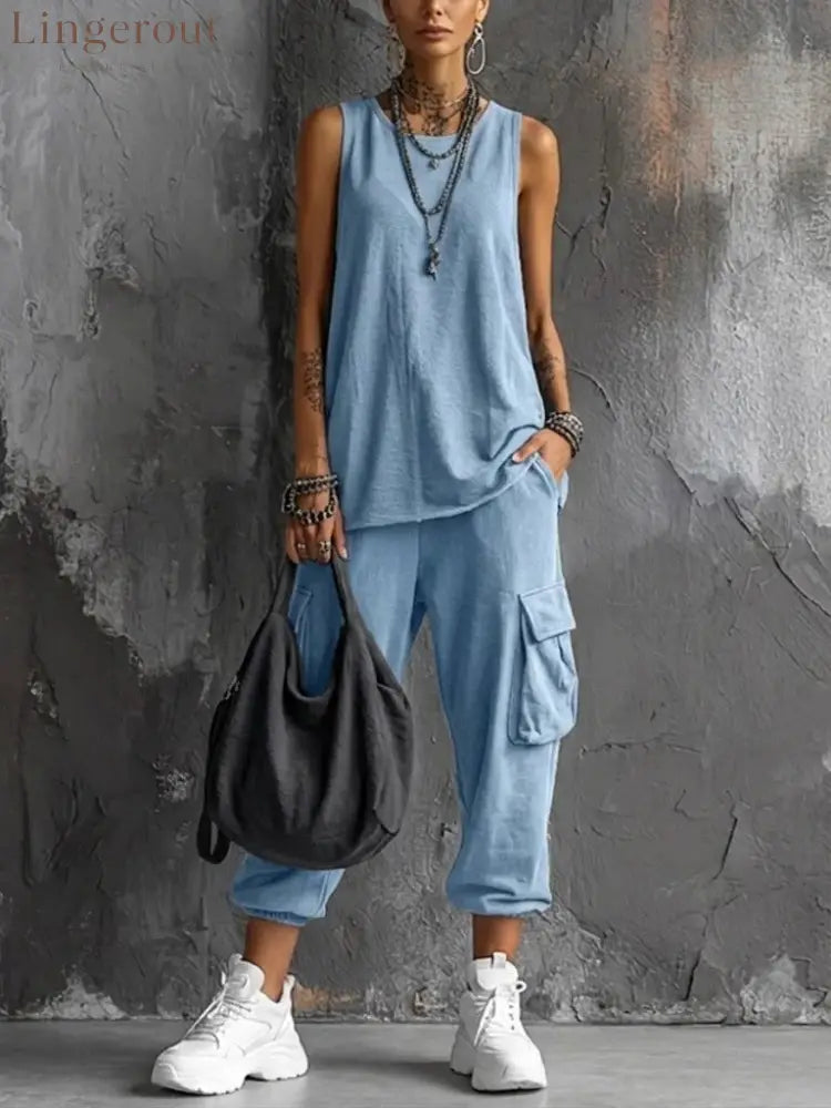 Oversized Sleeveless Top & Cargo Jogger Set - Light blue / S
