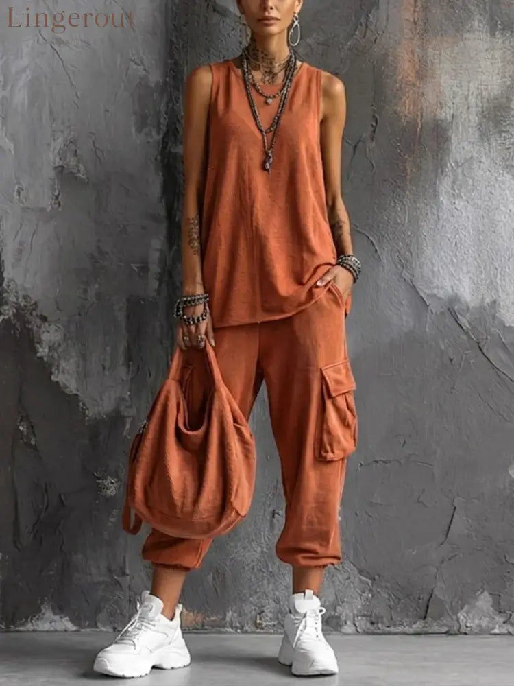 Oversized Sleeveless Top & Cargo Jogger Set - Orange / S