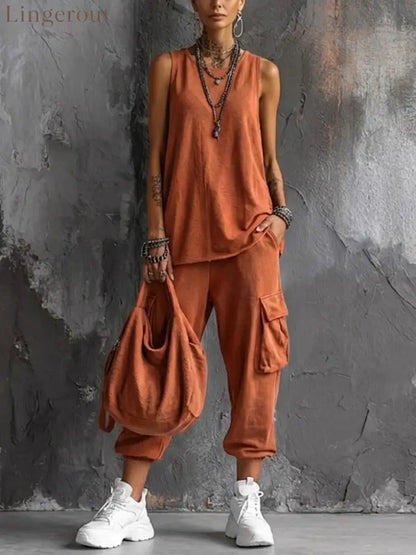Oversized Sleeveless Top & Cargo Jogger Set - Orange / S