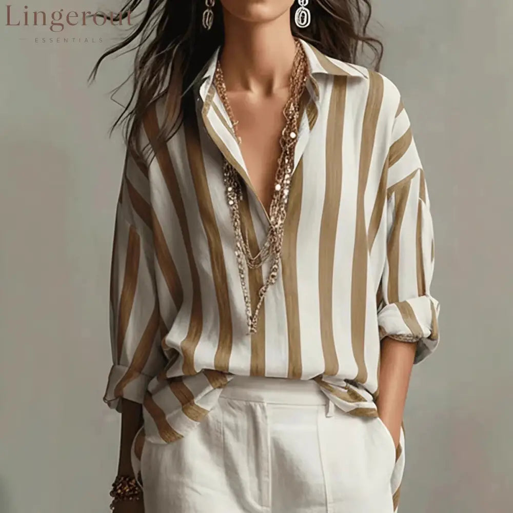 Oversized Striped Button-Down Shirt - Dark brown / S