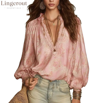 2026 French Style Soft Floral Lace Patchwork Shirt Elastic Puff Sleeves Loose And Lightweight Commuter Top