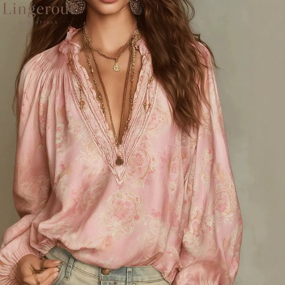 2026 French Style Soft Floral Lace Patchwork Shirt Elastic Puff Sleeves Loose And Lightweight Commuter Top