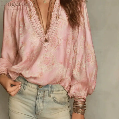 2026 French Style Soft Floral Lace Patchwork Shirt Elastic Puff Sleeves Loose And Lightweight Commuter Top