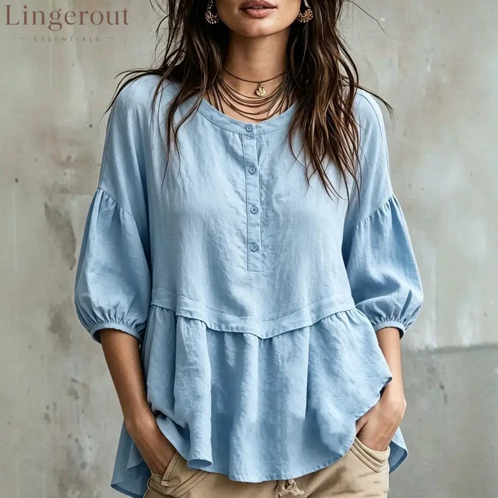 Peplum Balloon Sleeve Blouse – Soft Linen-Blend Casual Top