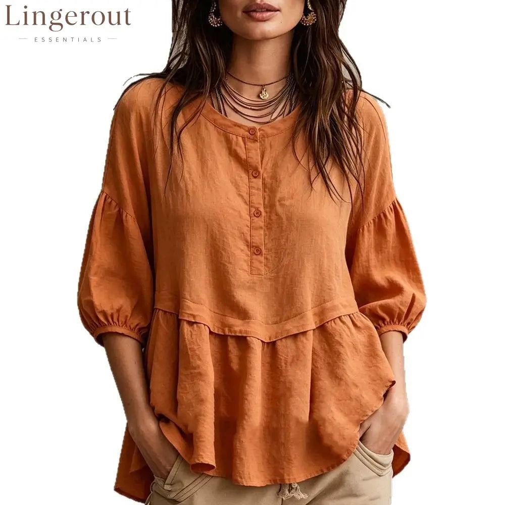 Peplum Balloon Sleeve Blouse – Soft Linen-Blend Casual Top
