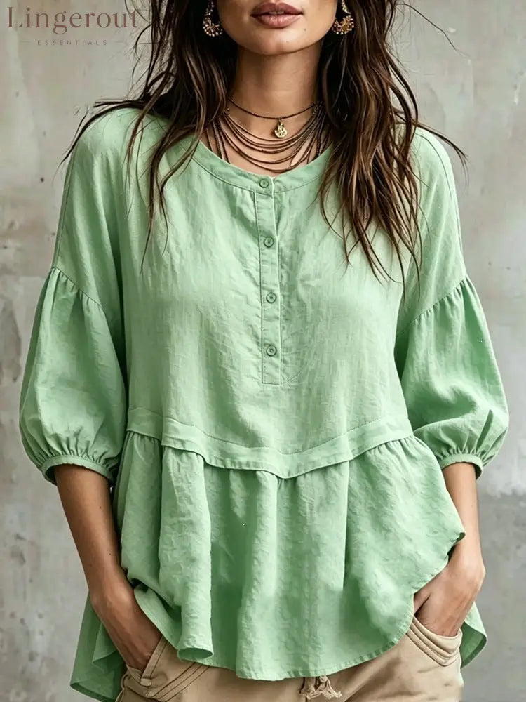Peplum Balloon Sleeve Blouse – Soft Linen-Blend Casual Top - Light green / S