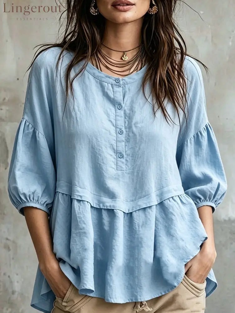 Peplum Balloon Sleeve Blouse – Soft Linen-Blend Casual Top - Sky blue / S