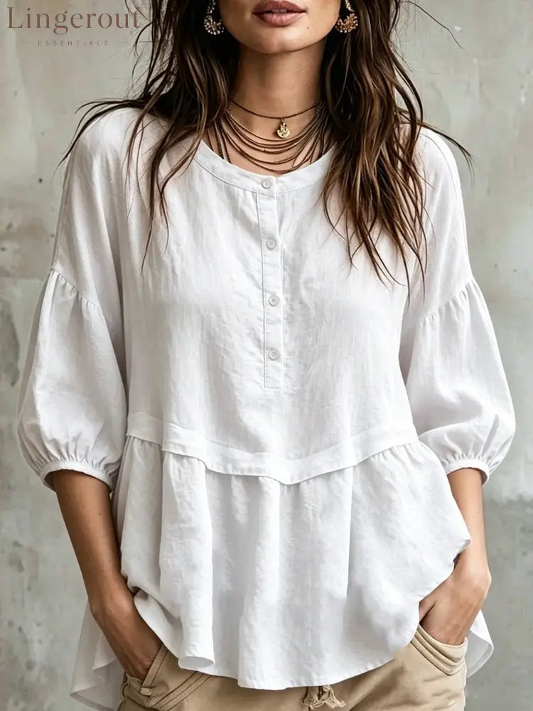 Peplum Balloon Sleeve Blouse – Soft Linen-Blend Casual Top - White / S