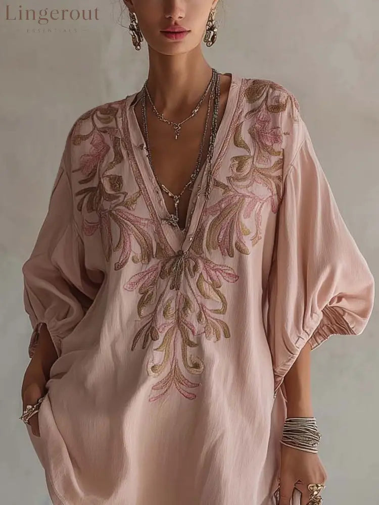 Pink Cotton Linen Mini Dress With Vintage Floral Embroidery