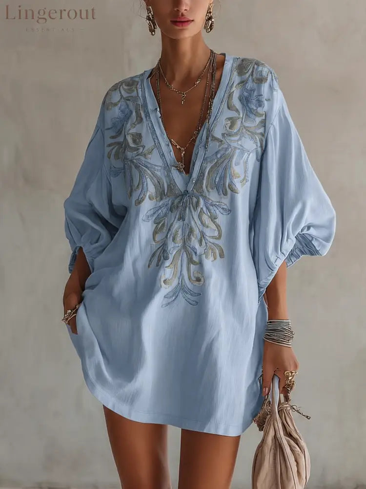 Pink Cotton Linen Mini Dress With Vintage Floral Embroidery - Blue / XS