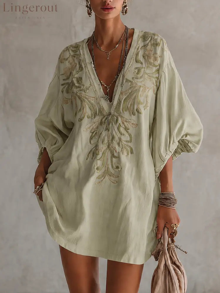 Pink Cotton Linen Mini Dress With Vintage Floral Embroidery - Green / XS