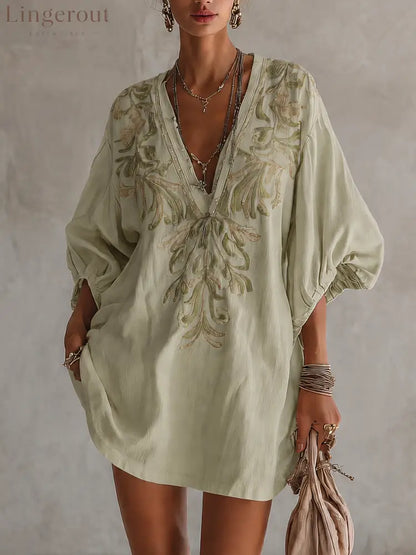 Pink Cotton Linen Mini Dress With Vintage Floral Embroidery - Green / XS