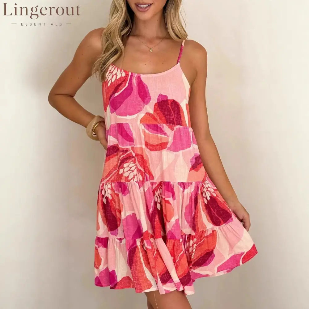 Pink Floral Tiered Mini Dress - Floral / S