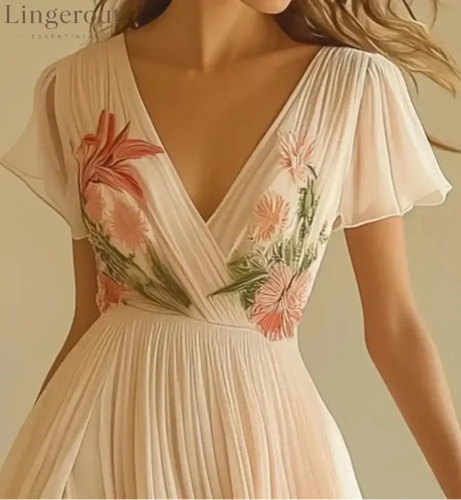 Pink Short Sleeve V-Neck Maxi Dress
