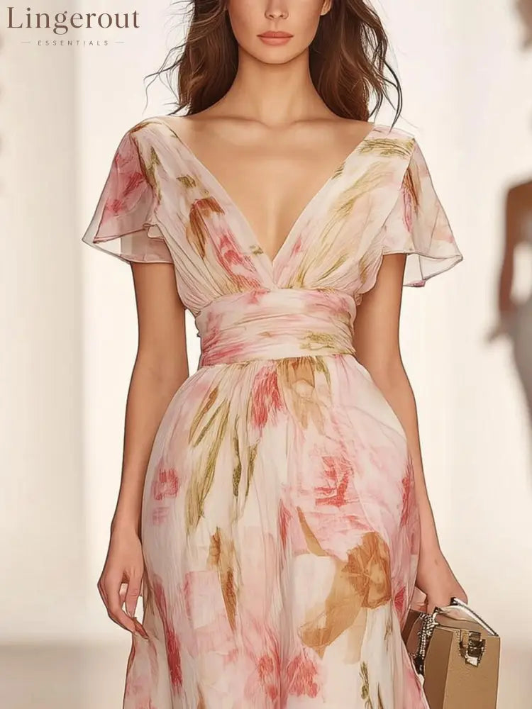 Pink Short Sleeve V-Neck Maxi Dress