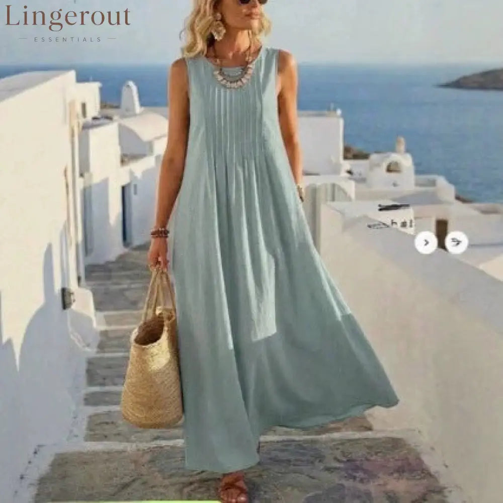 Pleated Pocket Linen Blend Vacation Maxi Dress