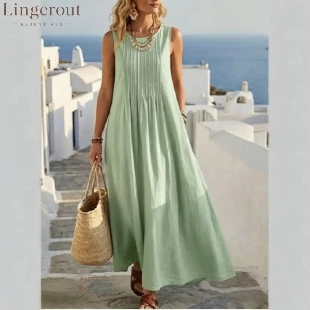 Pleated Pocket Linen Blend Vacation Maxi Dress