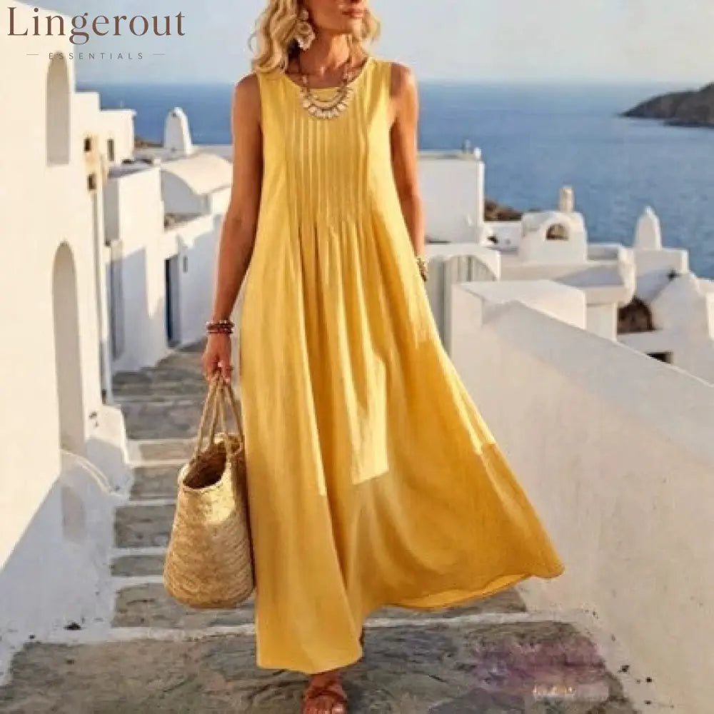 Pleated Pocket Linen Blend Vacation Maxi Dress