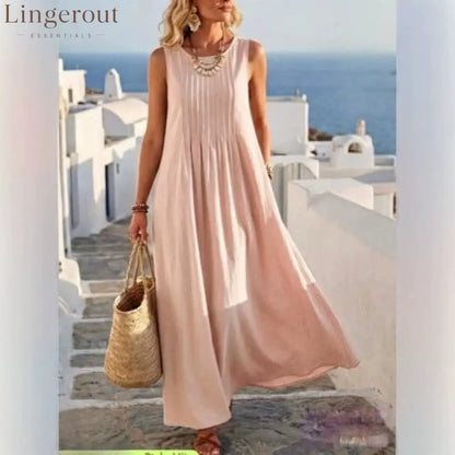 Pleated Pocket Linen Blend Vacation Maxi Dress