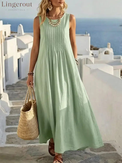 Pleated Pocket Linen Blend Vacation Maxi Dress - Green / S