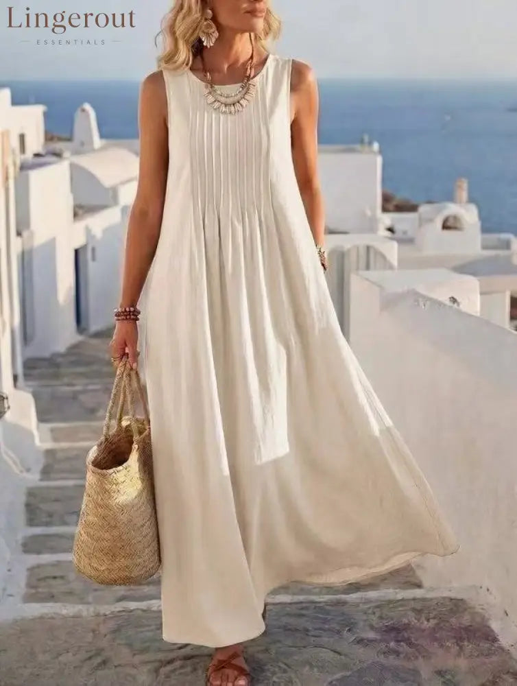 Pleated Pocket Linen Blend Vacation Maxi Dress - Milky / S