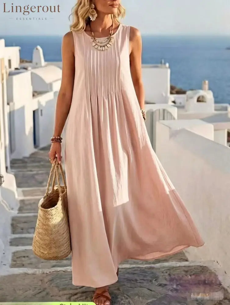 Pleated Pocket Linen Blend Vacation Maxi Dress - Pink / S