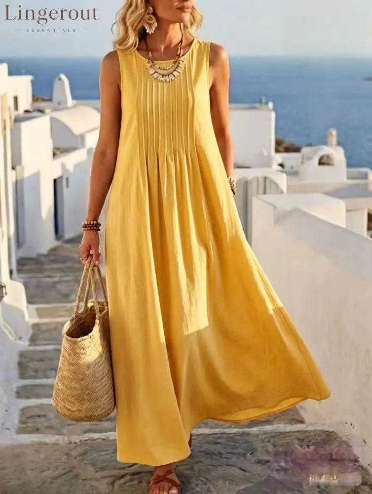 Pleated Pocket Linen Blend Vacation Maxi Dress - Yellow / S