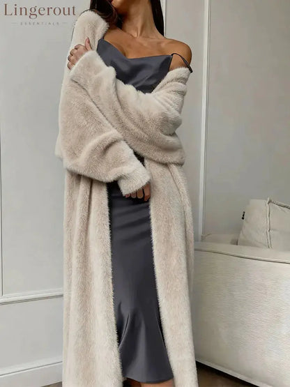 Plush fluffy autumn and winter loose coat women’s long cardigan imitation mink white knitted cardigan - 03 Apricot / L