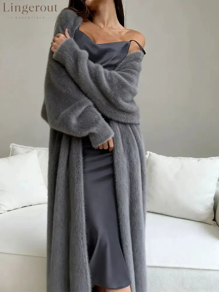 Plush fluffy autumn and winter loose coat women’s long cardigan imitation mink white knitted cardigan