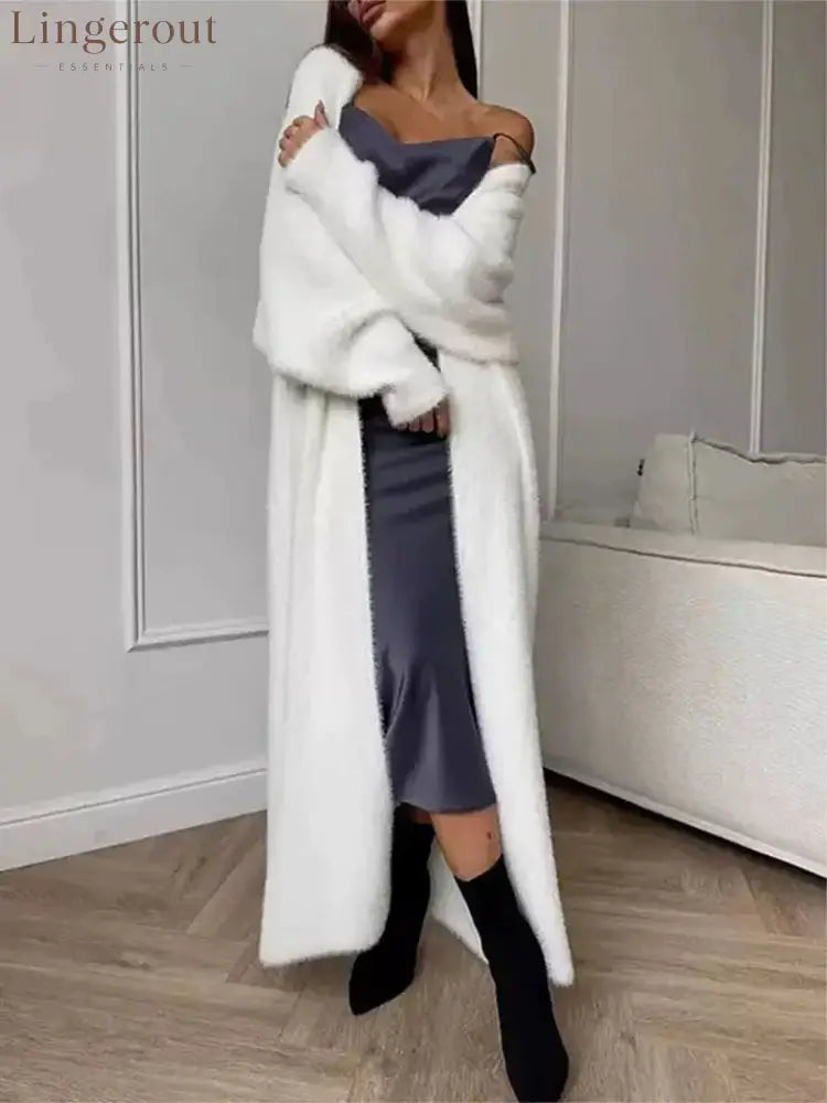 Plush fluffy autumn and winter loose coat women’s long cardigan imitation mink white knitted cardigan