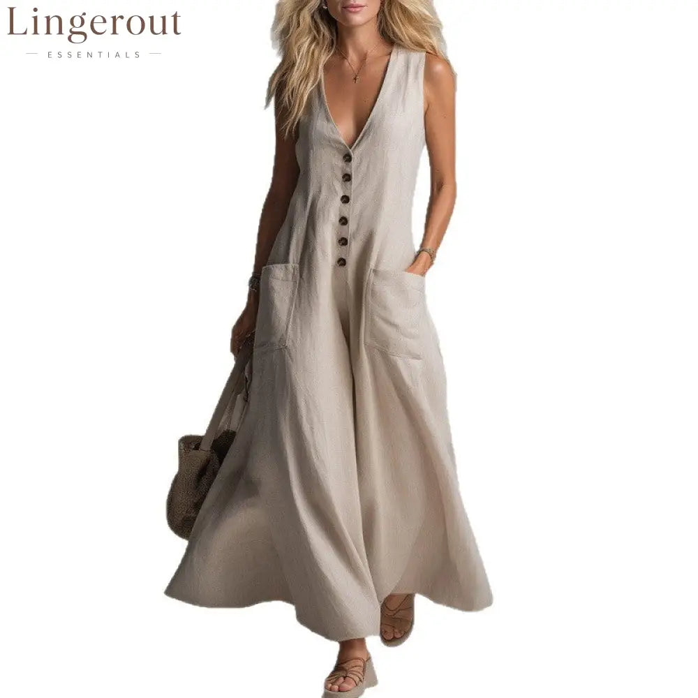 Pocket Deep V-Neck Solid Color Casual Dress