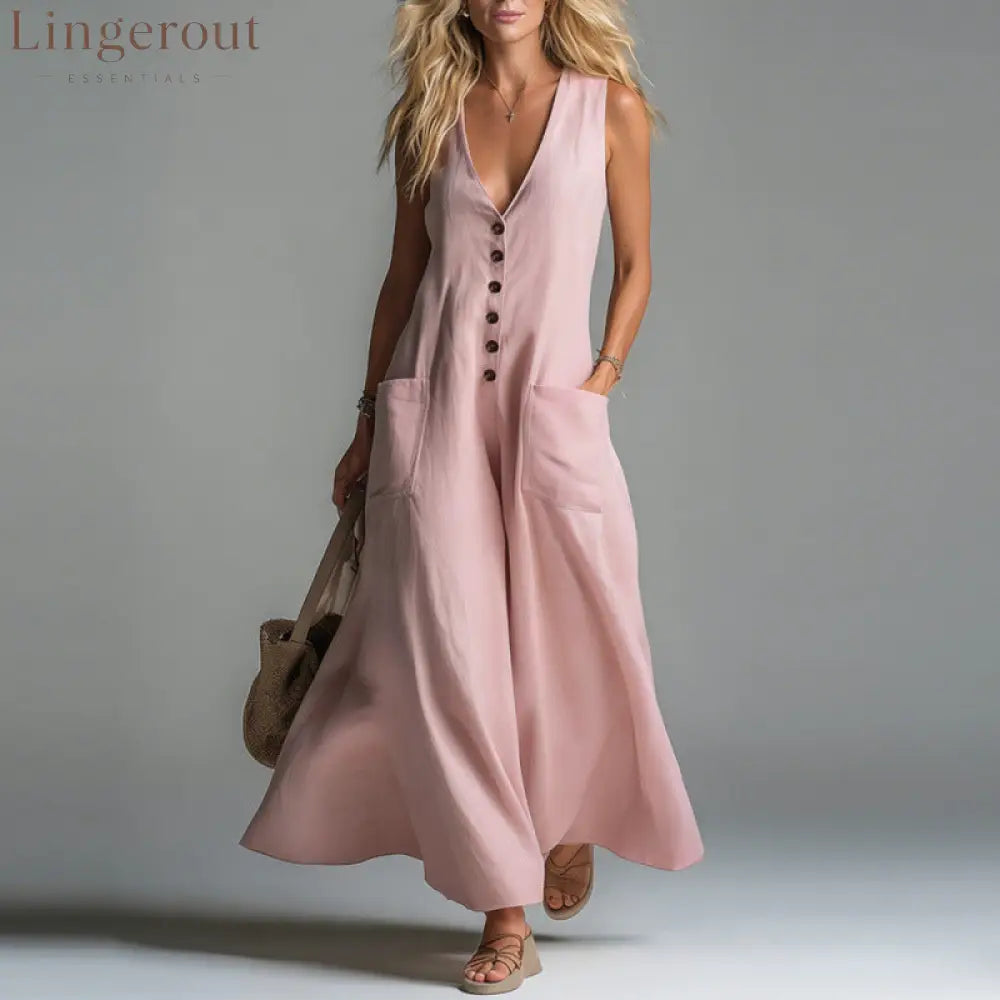 Pocket Deep V-Neck Solid Color Casual Dress - Pink / S