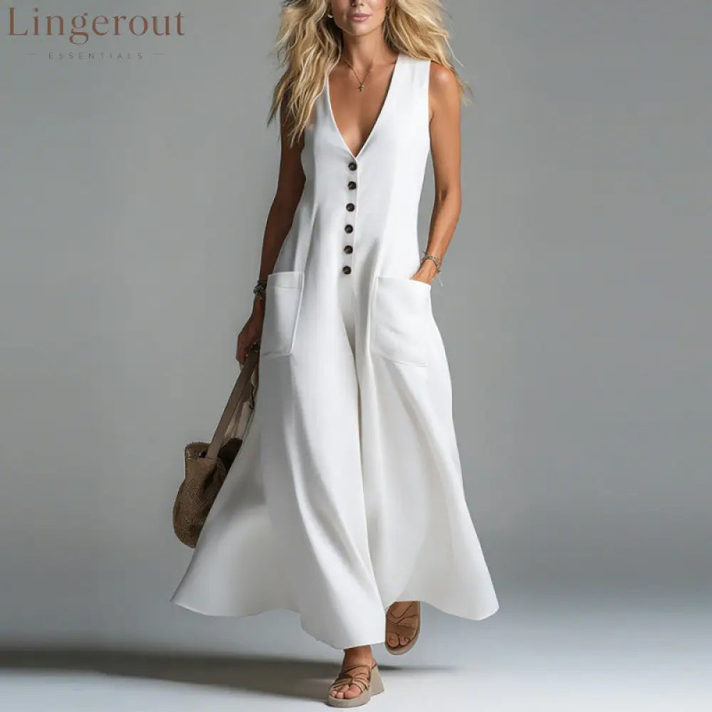 Pocket Deep V-Neck Solid Color Casual Dress - White / S