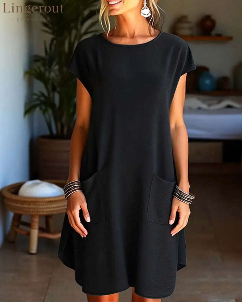 Pocket Detail Round Neck Short Sleeve Dress