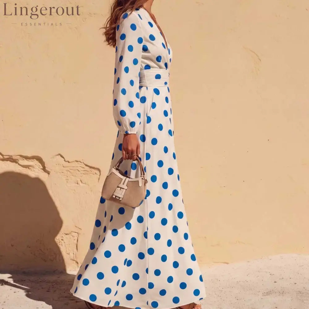 Polka Dot Wrap V-Neck Long Sleeve Maxi Dress
