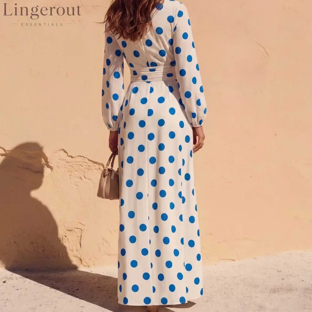 Polka Dot Wrap V-Neck Long Sleeve Maxi Dress
