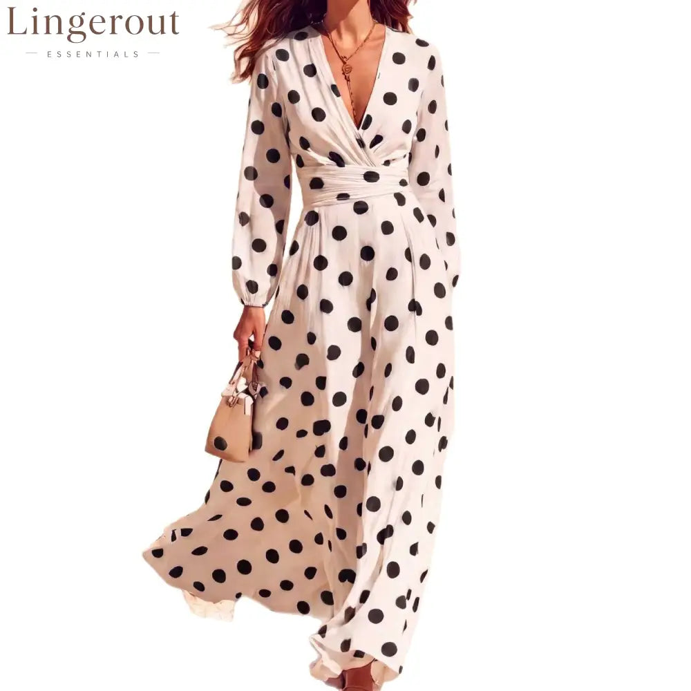 Polka Dot Wrap V-Neck Long Sleeve Maxi Dress