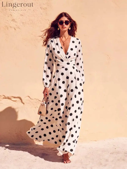 Polka Dot Wrap V-Neck Long Sleeve Maxi Dress - Black / S