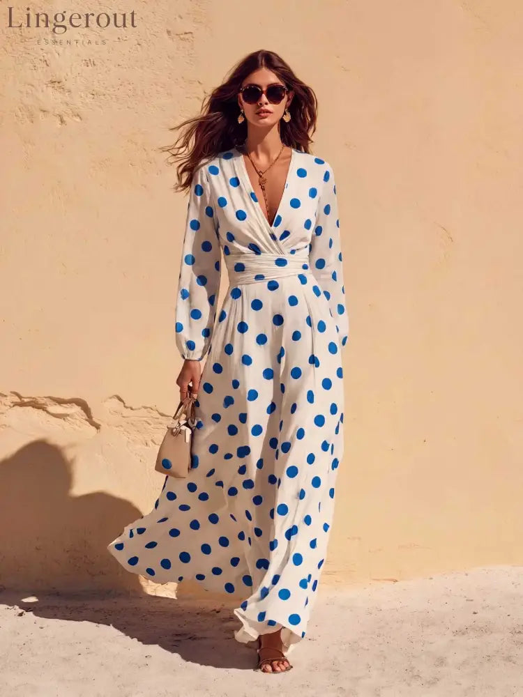 Polka Dot Wrap V-Neck Long Sleeve Maxi Dress - Blue / S