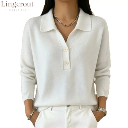 Polo Collar Half Button Fine Knit Long Sleeve Sweater